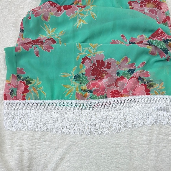 Green Floral Sleeveless Mini Dress with White Trim - Picture 6 of 6